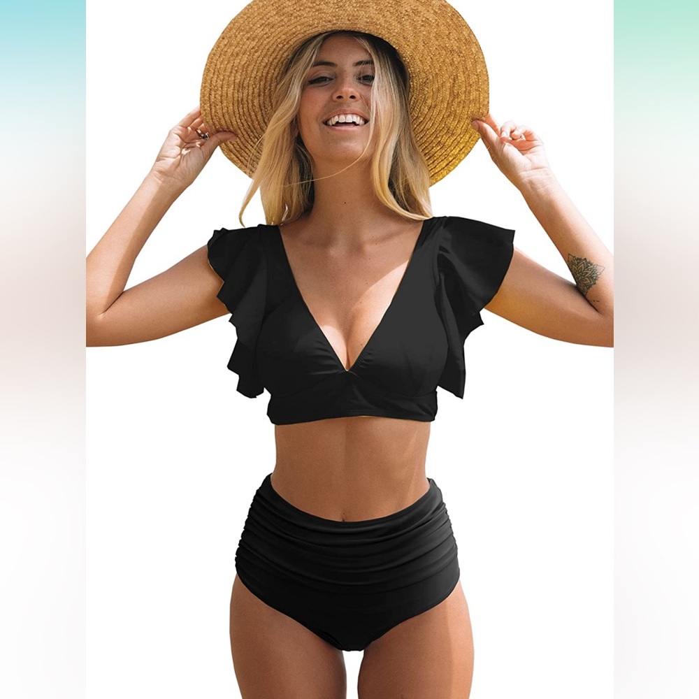 NEW Womens Ruffle High Waist Black Swimsuit Bikini Set in XL X-Large w/ Sleeves